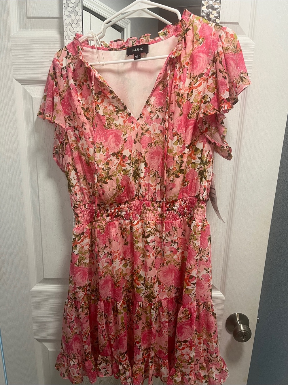 MSK Pink Floral V-Neck Smocked Waist Mini Dress